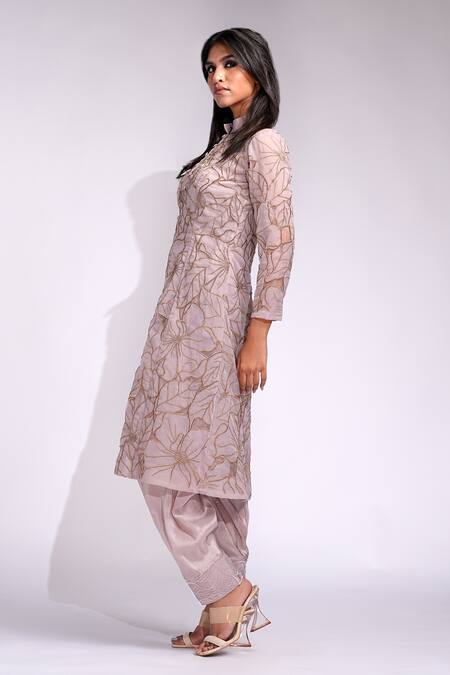 Shruti S_Rose Gold Organza Embroidery Mandarin Collar A-line Kurta Set _Online_at_Aza_Fashions