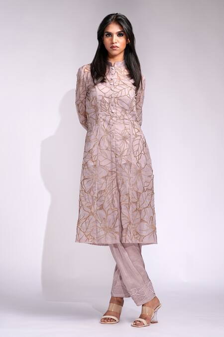 Buy_Shruti S_Rose Gold Organza Embroidery Mandarin Collar A-line Kurta Set _Online_at_Aza_Fashions