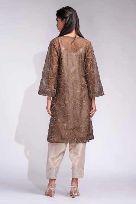Shop_Shruti S_Brown Organza Embroidery V-neck Kurta Set With _at_Aza_Fashions