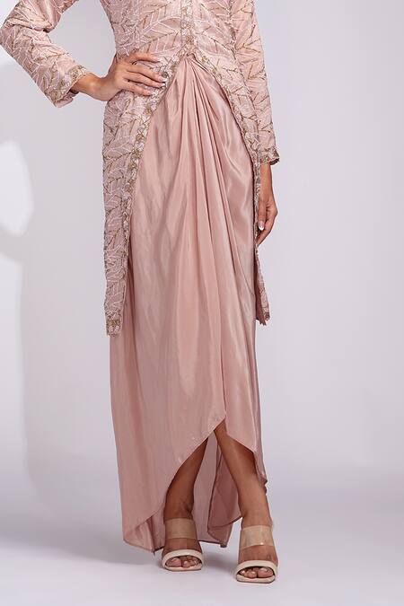 Shruti S_Rose Gold Silk, Crepe Sequins Round Neck Embroidered Pathani Jacket And Dhoti Set _Online_at_Aza_Fashions