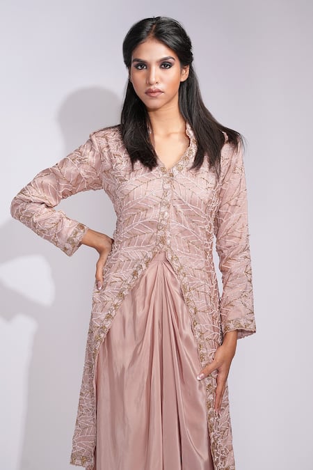 Buy_Shruti S_Rose Gold Silk, Crepe Sequins Round Neck Embroidered Pathani Jacket And Dhoti Set _Online_at_Aza_Fashions