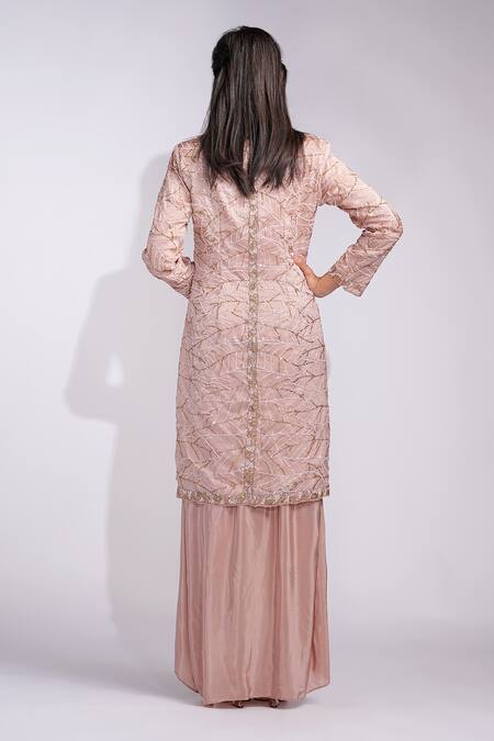 Shop_Shruti S_Rose Gold Silk, Crepe Sequins Round Neck Embroidered Pathani Jacket And Dhoti Set _at_Aza_Fashions