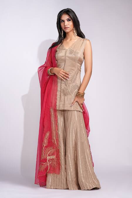 Buy_Shruti S_Gold , , Embroidery, Gota Kurta Set With Red Dupatta _Online_at_Aza_Fashions