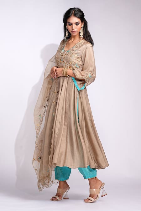 Shruti S_Gold Silk, Cotton Embroidery V-neck And Turquoise Anarkali Suit Set _Online_at_Aza_Fashions