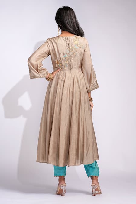 Shop_Shruti S_Gold Silk, Cotton Embroidery V-neck And Turquoise Anarkali Suit Set _at_Aza_Fashions