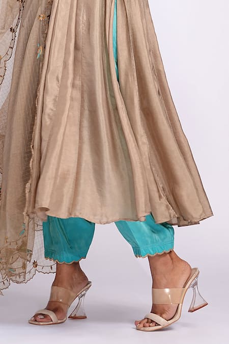 Buy_Shruti S_Gold Silk, Cotton Embroidery V-neck And Turquoise Anarkali Suit Set _Online_at_Aza_Fashions