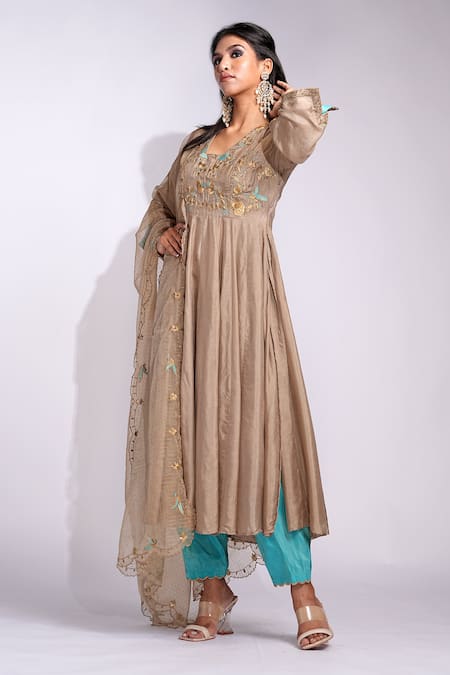 Shop_Shruti S_Gold Silk, Cotton Embroidery V-neck And Turquoise Anarkali Suit Set _Online_at_Aza_Fashions