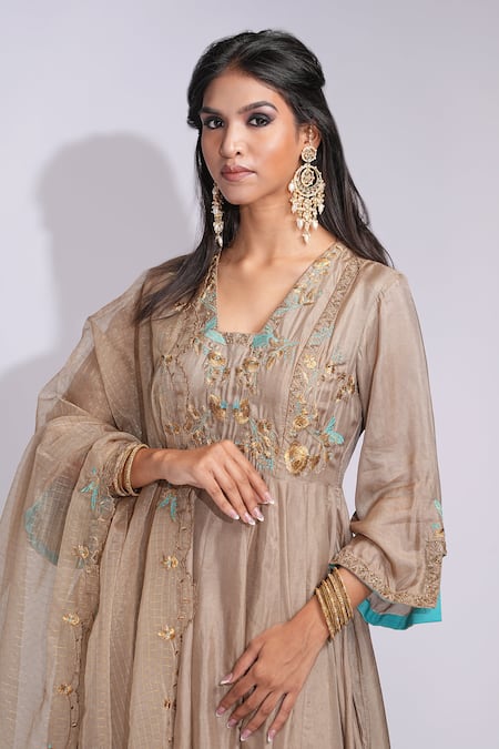 Shruti S_Gold Silk, Cotton Embroidery V-neck And Turquoise Anarkali Suit Set _at_Aza_Fashions