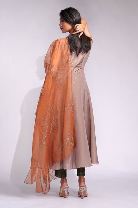 Shop_Shruti S_Brown Silk, Organza Embroidery, Sequins V-neck Tricolor A-line Suit Set _at_Aza_Fashions