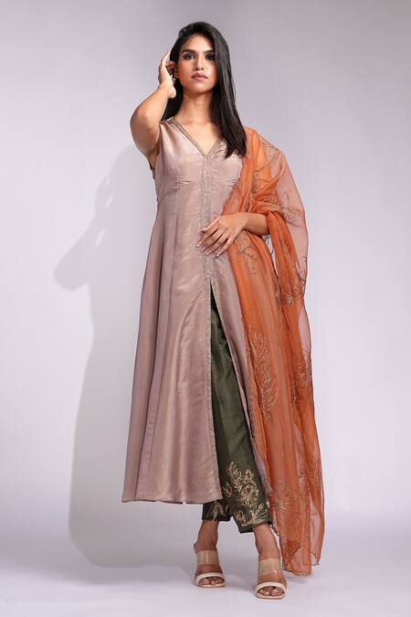 Shruti S_Brown Silk, Organza Embroidery, Sequins V-neck Tricolor A-line Suit Set _Online_at_Aza_Fashions