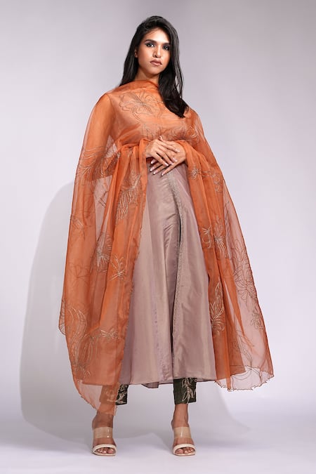 Shop_Shruti S_Brown Silk, Organza Embroidery, Sequins V-neck Tricolor A-line Suit Set _Online_at_Aza_Fashions