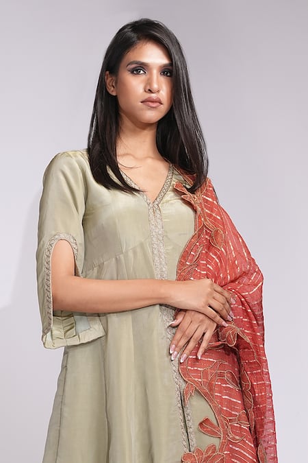 Shop_Shruti S_Green Silk, Chiffon Embroidery V-neck Zari-woven Anarkali Set _Online_at_Aza_Fashions