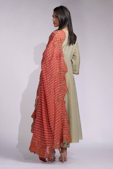 Shop_Shruti S_Green Silk, Chiffon Embroidery V-neck Zari-woven Anarkali Set _at_Aza_Fashions