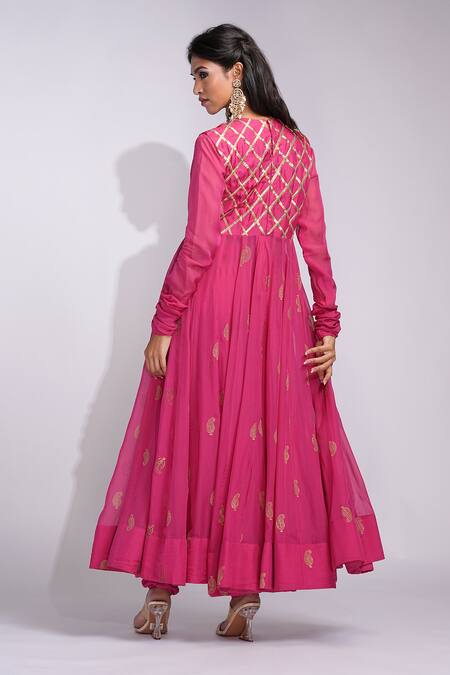 Shop_Shruti S_Pink Chiffon Foil Printing Round Neck Hand Block Printed Anarkali Set _at_Aza_Fashions