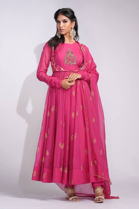 Shruti S_Pink Chiffon Foil Printing Round Neck Hand Block Printed Anarkali Set _Online_at_Aza_Fashions