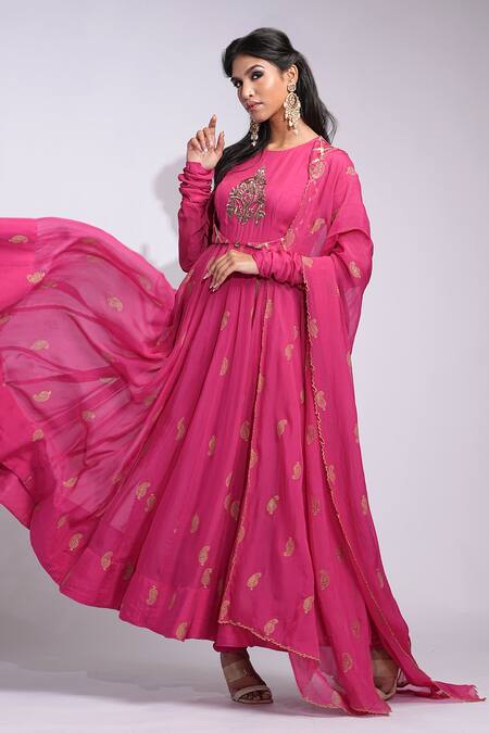 Buy_Shruti S_Pink Chiffon Foil Printing Round Neck Hand Block Printed Anarkali Set _Online_at_Aza_Fashions
