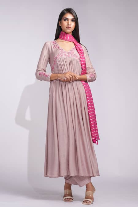 Shruti S_Pink Cotton Embroidery V-neck Mulmul Anarkali Set With Striped Dupatta _Online_at_Aza_Fashions