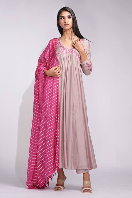 Shop_Shruti S_Pink Cotton Embroidery V-neck Mulmul Anarkali Set With Striped Dupatta _Online_at_Aza_Fashions