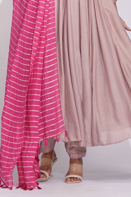 Shruti S_Pink Cotton Embroidery V-neck Mulmul Anarkali Set With Striped Dupatta _at_Aza_Fashions
