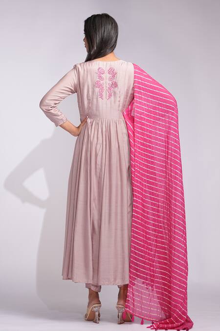 Shop_Shruti S_Pink Cotton Embroidery V-neck Mulmul Anarkali Set With Striped Dupatta _at_Aza_Fashions