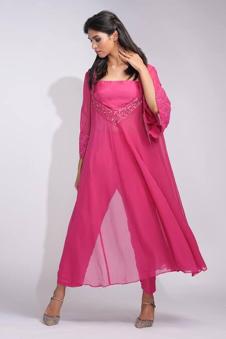 Shruti S_Pink Organza Embroidery Round Neck Anarkali Set With Embellished Details _Online_at_Aza_Fashions