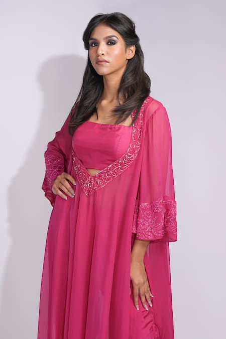 Shruti S_Pink Organza Embroidery Round Neck Anarkali Set With Embellished Details _at_Aza_Fashions