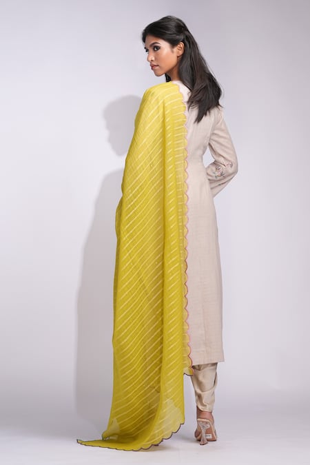 Shop_Shruti S_Beige Cotton Embroidery V-neck And Green Designer Kurta Set _at_Aza_Fashions