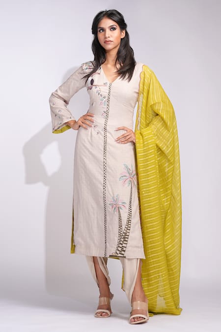 Buy_Shruti S_Beige Cotton Embroidery V-neck And Green Designer Kurta Set _Online_at_Aza_Fashions