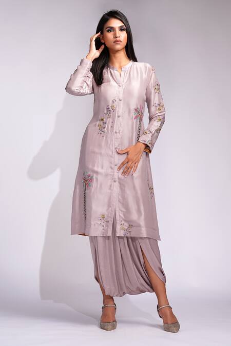 Buy_Shruti S_Lavender Silk, Satin Sequins, Embroidery Pathan Kurta Set With Dhoti Pants _Online_at_Aza_Fashions
