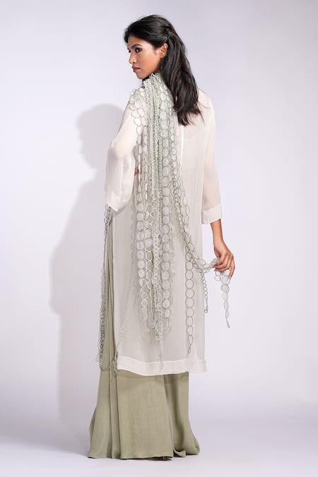 Shop_Shruti S_Green Organza, Satin Cut Work Round Neck Sage Frill Kurta Set _at_Aza_Fashions