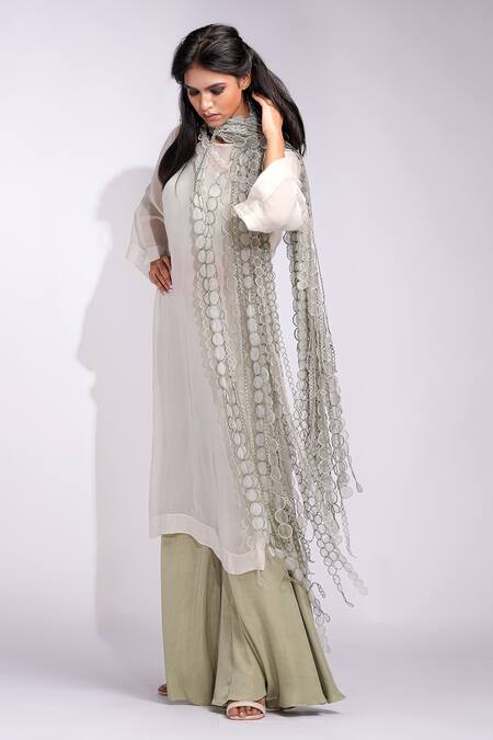 Shruti S_Green Organza, Satin Cut Work Round Neck Sage Frill Kurta Set _Online_at_Aza_Fashions