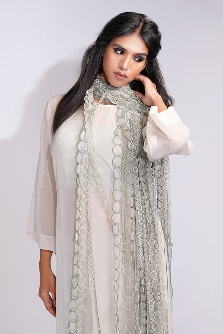 Shop_Shruti S_Green Organza, Satin Cut Work Round Neck Sage Frill Kurta Set _Online_at_Aza_Fashions