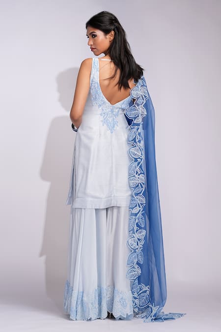 Shop_Shruti S_Blue , Organza Sequins Square Powder Embroidered Kurta Sharara Set _at_Aza_Fashions