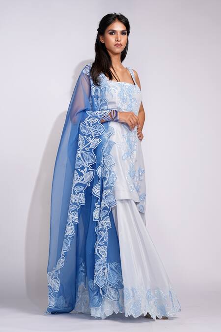 Shruti S_Blue , Organza Sequins Square Powder Embroidered Kurta Sharara Set _Online_at_Aza_Fashions