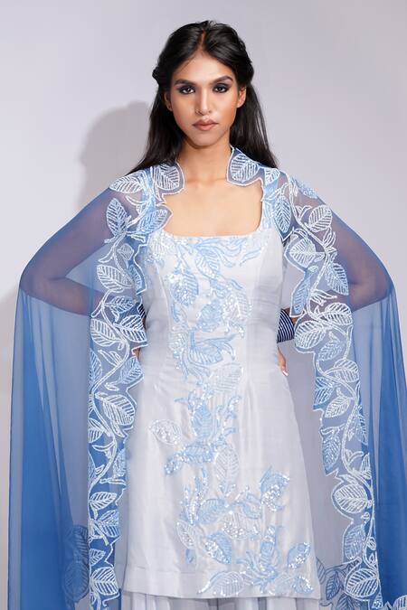 Buy_Shruti S_Blue , Organza Sequins Square Powder Embroidered Kurta Sharara Set _Online_at_Aza_Fashions