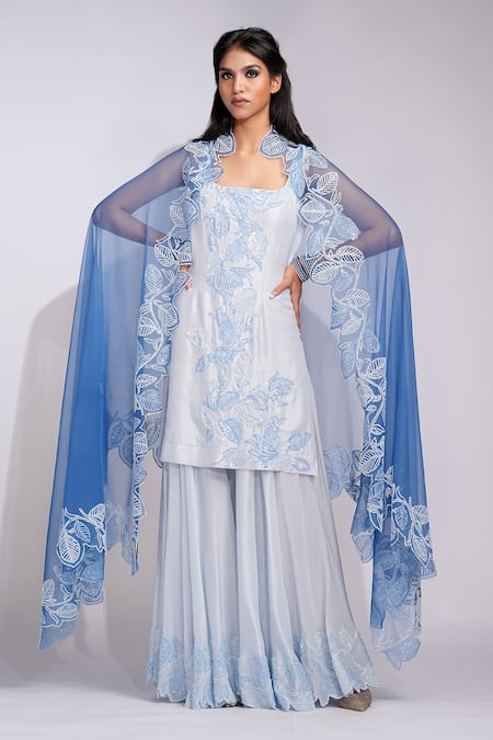 Shruti S_Blue , Organza Sequins Square Powder Embroidered Kurta Sharara Set _at_Aza_Fashions