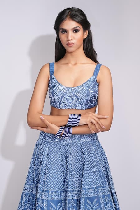 Shruti S_Blue Silk, Organza Sequins, Pearls Round Neck Cobalt Lehenga Set _Online_at_Aza_Fashions