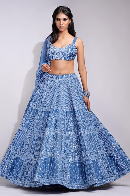 Buy_Shruti S_Blue Silk, Organza Sequins, Pearls Round Neck Cobalt Lehenga Set _Online_at_Aza_Fashions
