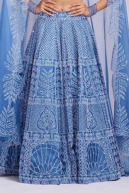 Shop_Shruti S_Blue Silk, Organza Sequins, Pearls Round Neck Cobalt Lehenga Set _Online_at_Aza_Fashions