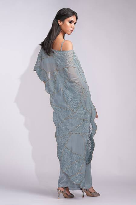 Shop_Shruti S_Gray Drape Dhoti Skirt Set With Organza Cape _at_Aza_Fashions