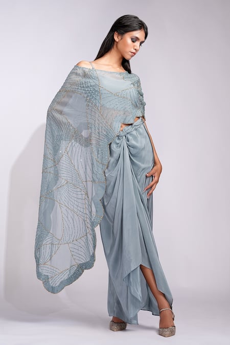 Shruti S_Gray Drape Dhoti Skirt Set With Organza Cape _Online_at_Aza_Fashions