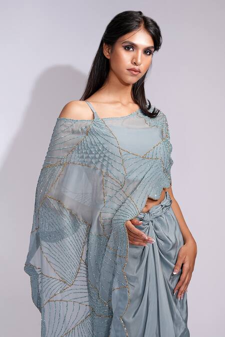 Buy_Shruti S_Gray Drape Dhoti Skirt Set With Organza Cape _Online_at_Aza_Fashions