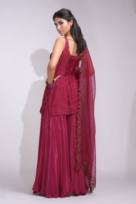 Shop_Shruti S_Red Silk, Modal, Satin, Organza Sequins Square Neck On Sharara Suit _at_Aza_Fashions