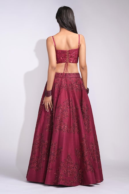 Shop_Shruti S_Maroon Silk, Georgette Sequins, Embroidery Sweetheart Neck Red Lehenga Set _at_Aza_Fashions