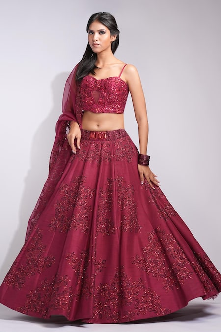 Shruti S_Maroon Silk, Georgette Sequins, Embroidery Sweetheart Neck Red Lehenga Set _Online_at_Aza_Fashions