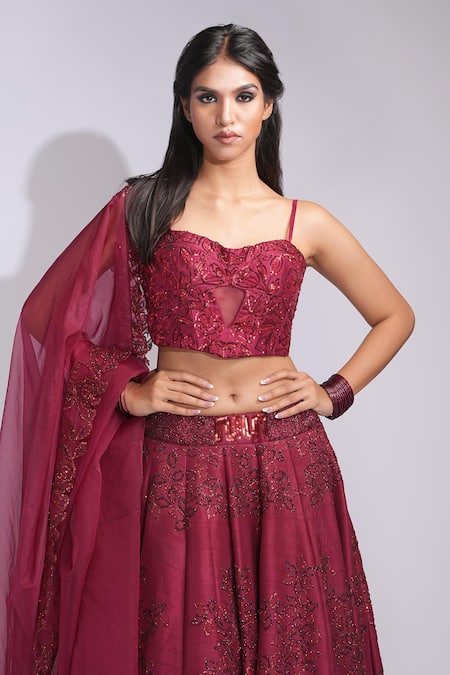 Shop_Shruti S_Maroon Silk, Georgette Sequins, Embroidery Sweetheart Neck Red Lehenga Set _Online_at_Aza_Fashions