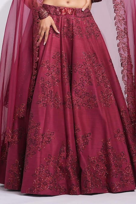 Shruti S_Maroon Silk, Georgette Sequins, Embroidery Sweetheart Neck Red Lehenga Set _at_Aza_Fashions