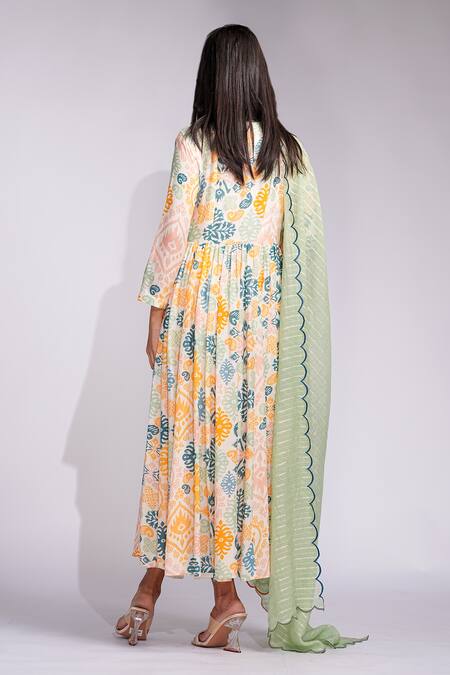 Shop_Shruti S_Beige Cotton V-neck Ikat Print Anarkali Set _at_Aza_Fashions