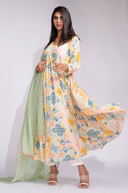 Buy_Shruti S_Beige Cotton V-neck Ikat Print Anarkali Set _Online_at_Aza_Fashions