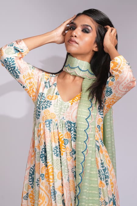 Shop_Shruti S_Beige Cotton V-neck Ikat Print Anarkali Set _Online_at_Aza_Fashions